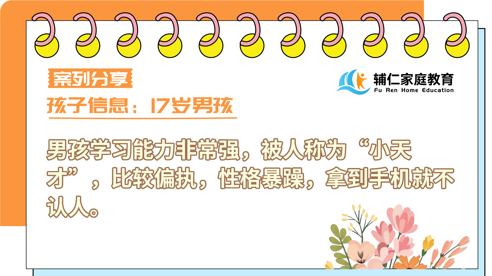 17岁男孩学习能力非常强，被人称为小天才，性格比较偏执，性格暴躁，拿到手机就不认人